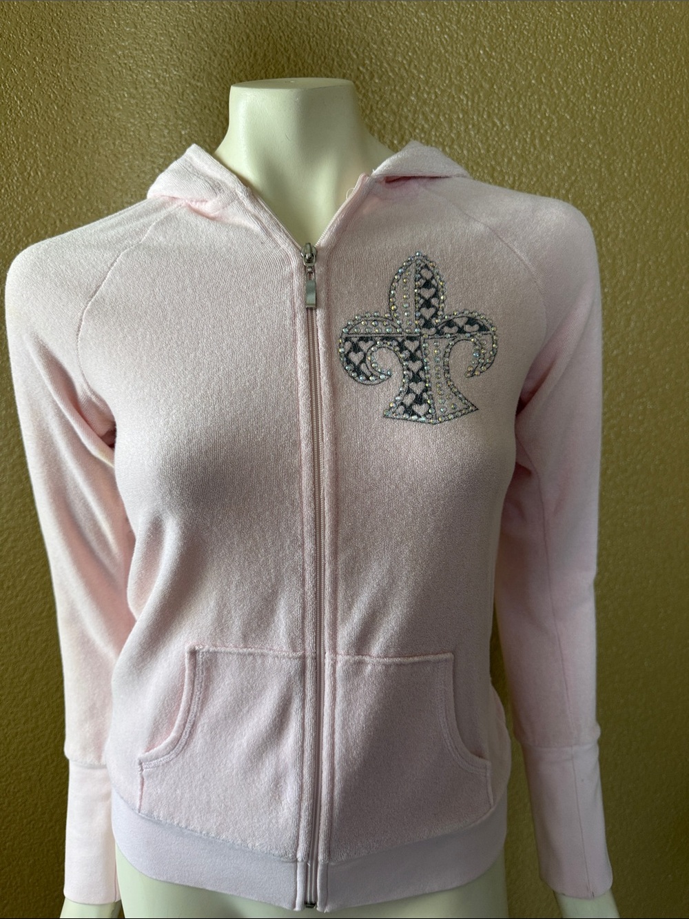 Women's Light Pink Zip-Up Bomber Hoodie with Rhinestone Fleur-de-Lis